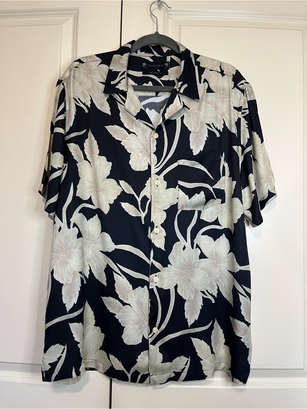 All Saints Black Shirt with Cream Floral Print - Short Sleeve Button-Down